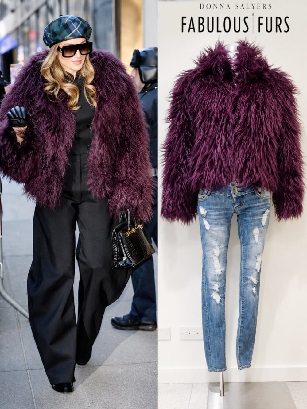 💋UBER GORG!💋VTG FABULAS FURS FAUX CURLY MONGOLIAN FUR JACKET in PURPLE